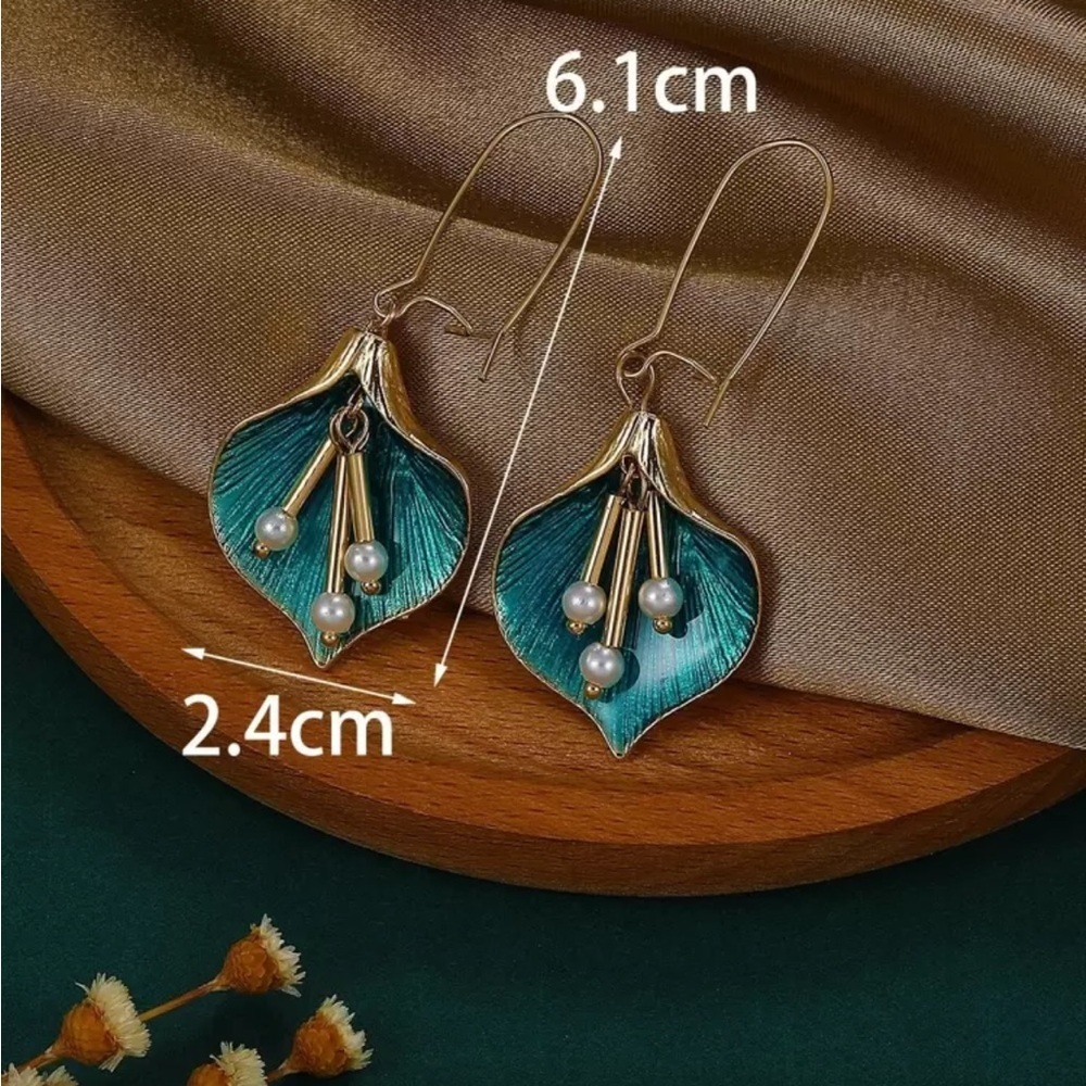 Anthropologie Gold Teal Leaf Earrings - Picture 4 of 5
